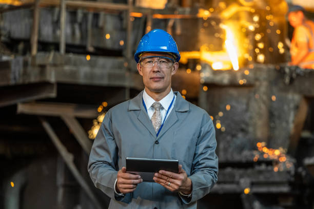 Man standing in metallurgy plant and looking at camera stock photo