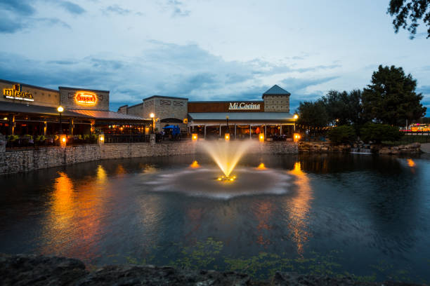 Plano, Texas, USA - September 30th, 2021: Busy popular places to eat in  twilight
