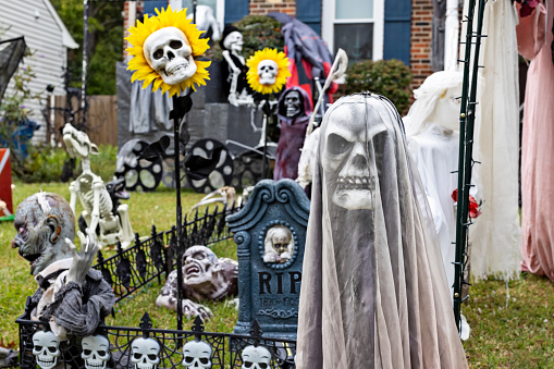 Skull sunflowers, ghosts and tombstones sit behind an evil grim reaper figurine in a festive Halloween yard