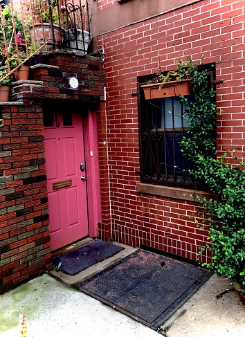 The entrance to a Hoboken, New Jersey basement apartment features a pink door flanked by red and brown brick walls and green vines.