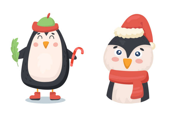 istock cute penguin in christmas clothes with sugar cane 1344848610