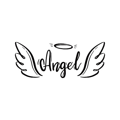 Angel wing with halo and angel lettering text. Hand drawn line sketch style wing. Simple vector illustration.