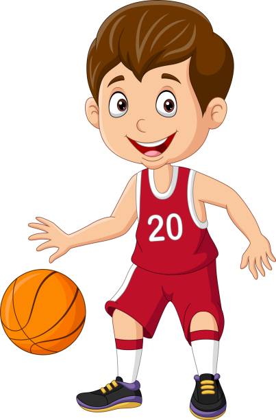 kreskówkowy mały chłopiec grający w koszykówkę - basketball little boys male young adult stock illustrations