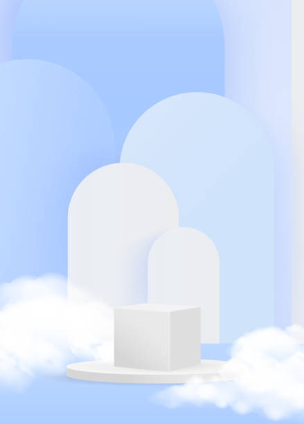 istock Minimal scene with blue podium and cloud abstract blue background Scene Studio Or Pedestal For Display, Geometric shapes, shape product display presentation. 3D,Vector 1344854609