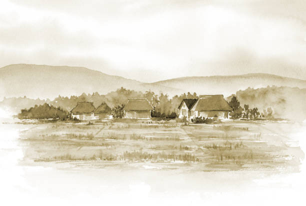 Sepia illustration of various vountryside landscape