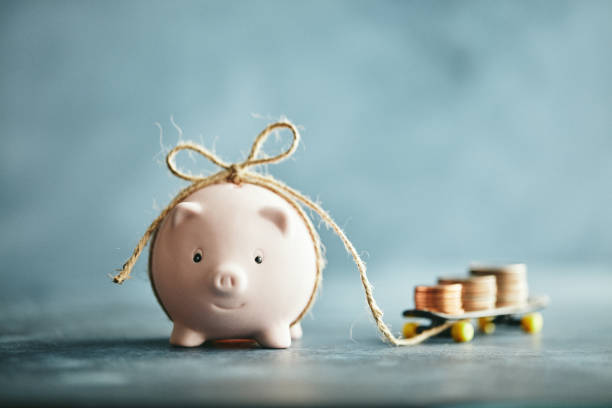 istock Little Pink Piggy Bank Pulling His Savings on a Skateboard 1344858844