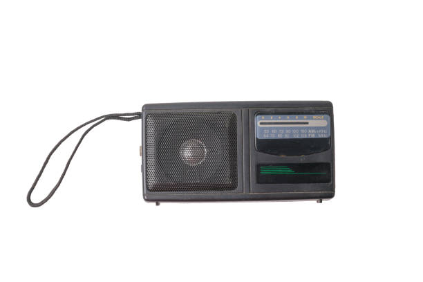 istock Antique radio receiver with a rope handle isolated on a white background. 1344862333