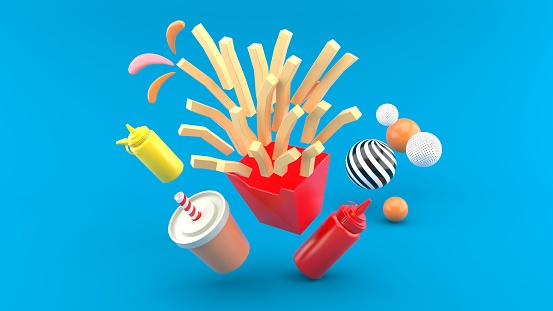 French fries float out of the package surrounded by chili sauce, ketchup and sparkling water on a blue background.illustration design for fast food delivery.-3d rendering.