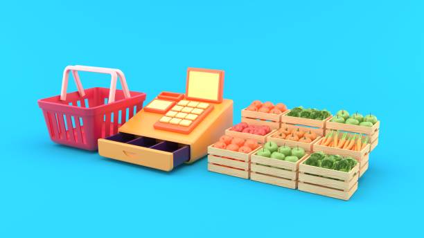 stoiska z owocami i warzywami obok kasy i koszyka na zakupy na różowym tle.projekt ilustracji do supermarketu.-renderowanie 3d. " n - consumer electronics show finance technology horizontal zdjęcia i obrazy z banku zdjęć