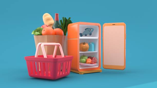 The refrigerator opens with a phone surrounded by fresh food and shopping baskets on a blue background.illustration design for supermarket.-3d rendering. stock photo