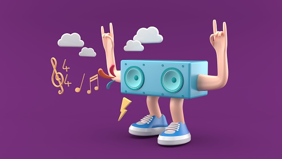 Boombox man singing on purple background.-3d rendering.