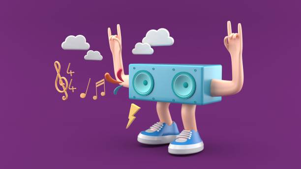 homem boombox cantando em fundo roxo.-renderização 3d. - rock bass - fotografias e filmes do acervo