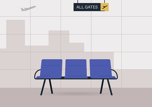 Empty airport seats, waiting area, no people travel concept