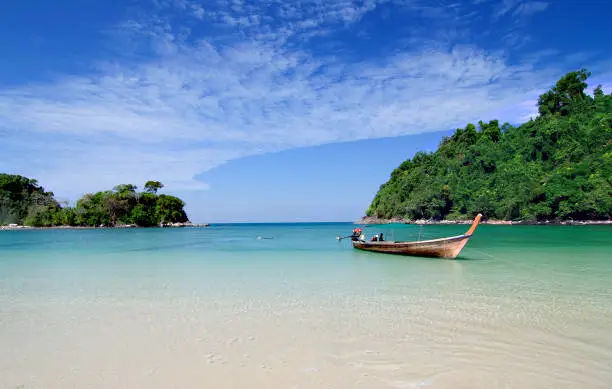 Summer beach vacation, Calm sea at Ao Khao Kwai (Buffalo Bay), Ko Kam Tok, Kham Islands, Ranong, Thailand