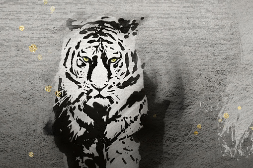 A picture of a tiger with the image of strength and strength on a black striped background