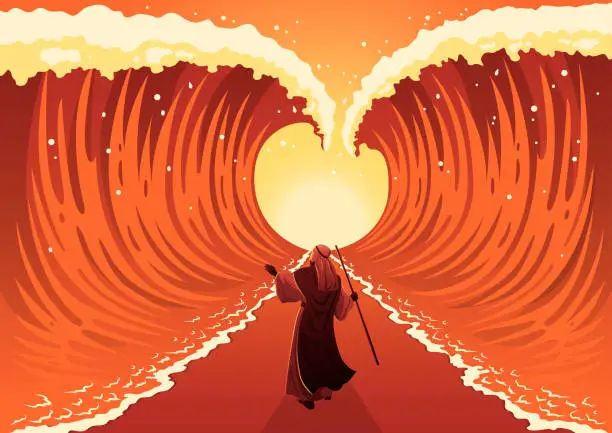 Vector illustration of Moses dividing the red sea