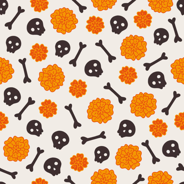 Day of the dead seamless pattern with skulls, bones, marigold Day of the dead seamless pattern with skulls, bones, marigold, flowers on black background. Dia de los muertos. Perfect for Mexican holidays, wallpaper, wrapping paper, fabric. Vector illustration marigold stock illustrations