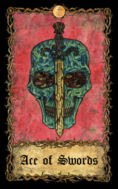 istock Ace of swords. Minor Arcana tarot card with skull over antique background. 1344872729