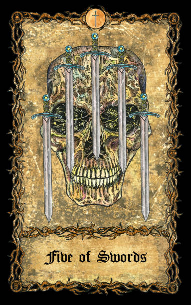 istock Five of swords. Minor Arcana tarot card with skull over antique background. 1344872762