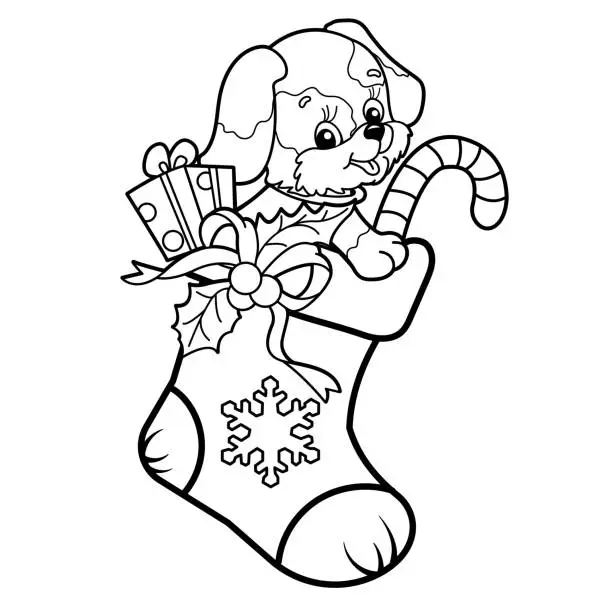 Vector illustration of Coloring Page Outline Of Christmas boot or sock with gifts and sweets and with little dog. Christmas. New year. Coloring Book for kids.