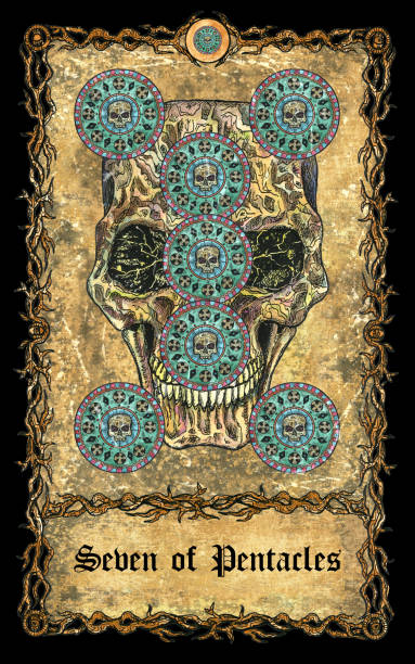 istock Seven of pentacles. Minor Arcana tarot card with skull over antique background. 1344873754