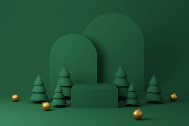 weihnachts-interieur-display-produkt mit grüner und goldener plattform. stand, podium, sockel für produktmodell. 3d-rendering-illustration - weihnachten stock-fotos und bilder