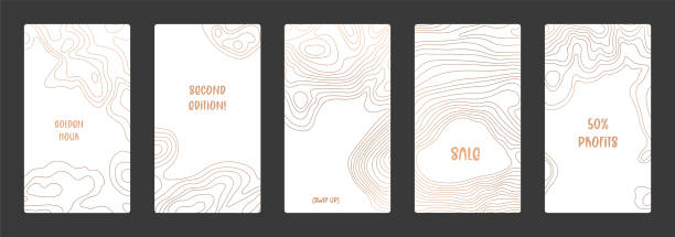 Contour lines on topographic maps, geographic map background. Vector set of social media stories template with copy space Contour lines on topographic maps, geographic map pattern. Vector set of social media stories template with copy space. topology stock illustrations
