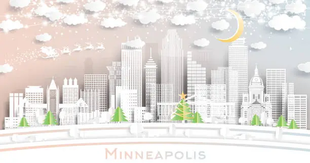 Vector illustration of Minneapolis Minnesota City Skyline in Paper Cut Style with Snowflakes, Moon and Neon Garland.