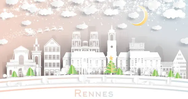 Vector illustration of Rennes France City Skyline in Paper Cut Style with Snowflakes, Moon and Neon Garland.