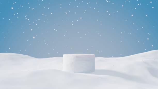 istock White cylider snow podium and snow fall on blue sky. Minimal mock up product background for Christmas and winter holiday concept.3d render illustration. 1344879688