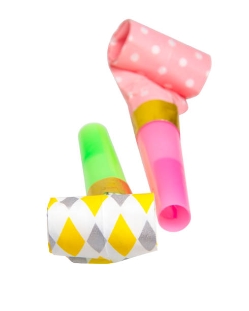 istock Party foil horn noisemaker for carnival isolated on the white background 1344881636