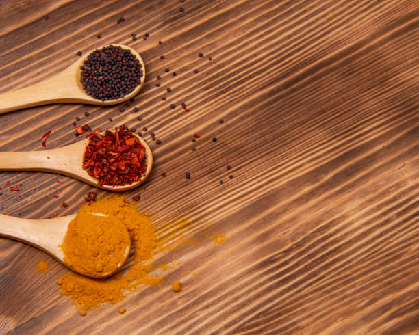 istock Dry different spices in spoons on wooden background 1344883396