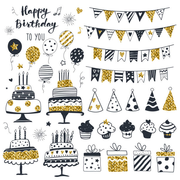 Birthday party elements. Birthday party elements, set of cake, flags, cupcakes, balloons, gift boxes, garlands, and hats. Perfect for greeting card design. Hand drawn Scandinavian style, Black, gold, and white vector. party hat stock illustrations
