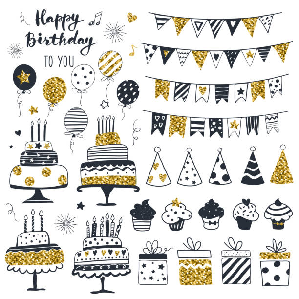Birthday party elements. Birthday party elements, set of cake, flags, cupcakes, balloons, gift boxes, garlands, and hats. Perfect for greeting card design. Hand drawn Scandinavian style, Black, gold, and white vector. black and white balloons stock illustrations
