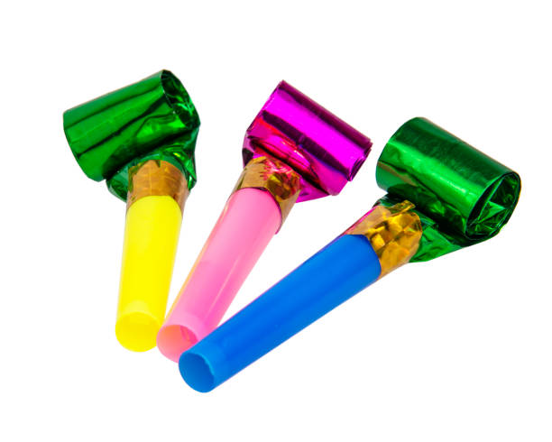 istock Party foil horn noisemaker for carnival isolated on the white background 1344883951