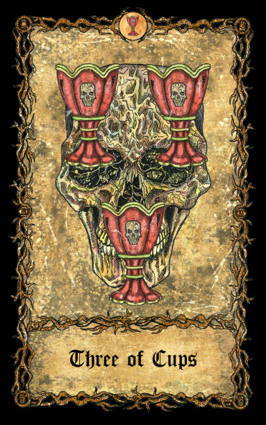 istock Three of cups. Minor Arcana tarot card with skull over antique background. 1344885874
