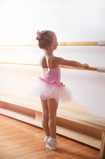 girls - young ballerinas in pink dresses on a light background