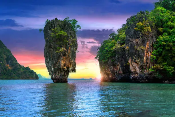 Photo of James Bond island at sunset in Phang nga, Thailand.