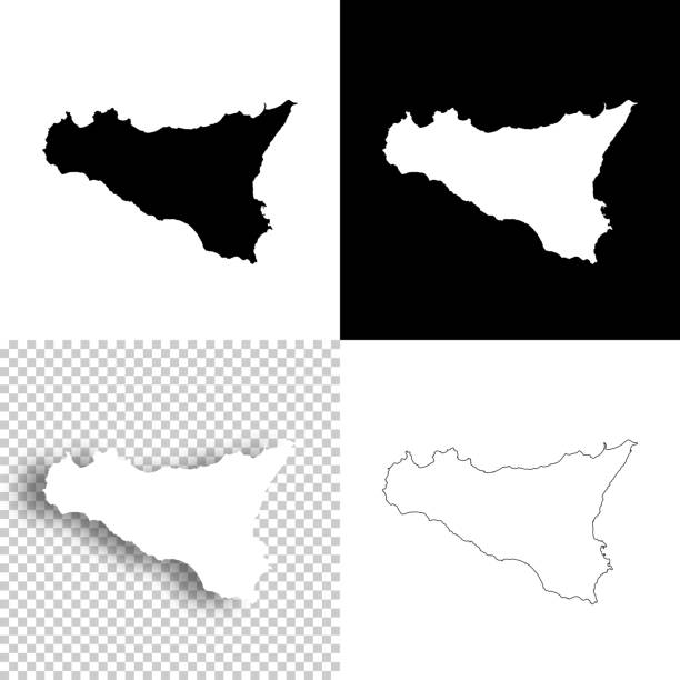 Sicily maps for design. Blank, white and black backgrounds - Line icon Map of Sicily for your own design. Four maps with editable stroke included in the bundle: - One black map on a white background. - One blank map on a black background. - One white map with shadow on a blank background (for easy change background or texture). - One line map with only a thin black outline (in a line art style). The layers are named to facilitate your customization. Vector Illustration (EPS10, well layered and grouped). Easy to edit, manipulate, resize or colorize. Vector and Jpeg file of different sizes. black background shape white paper stock illustrations