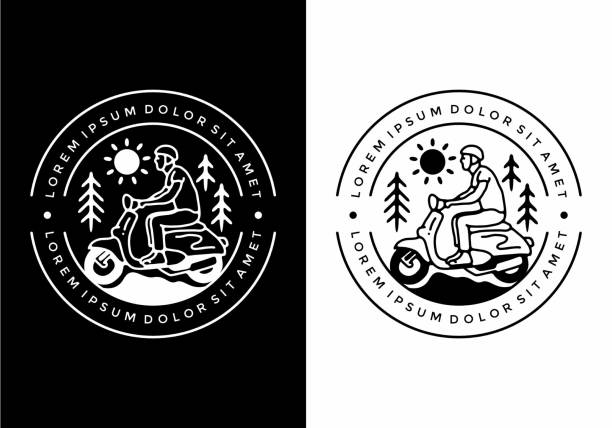 ilustraciones, imágenes clip art, dibujos animados e iconos de stock de color blanco y negro del hombre que monta scooter línea diseño de arte - silhouette bus symbol motor scooter