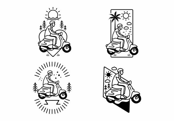 ilustraciones, imágenes clip art, dibujos animados e iconos de stock de color blanco y negro del hombre que monta scooter línea diseño de arte - silhouette bus symbol motor scooter