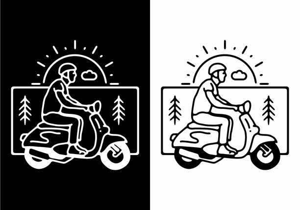 ilustraciones, imágenes clip art, dibujos animados e iconos de stock de color blanco y negro del hombre que monta scooter línea diseño de arte - silhouette bus symbol motor scooter