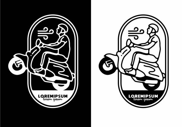 ilustraciones, imágenes clip art, dibujos animados e iconos de stock de color blanco y negro del hombre que monta scooter línea diseño de arte - silhouette bus symbol motor scooter