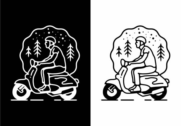 ilustraciones, imágenes clip art, dibujos animados e iconos de stock de color blanco y negro del hombre que monta scooter línea diseño de arte - silhouette bus symbol motor scooter