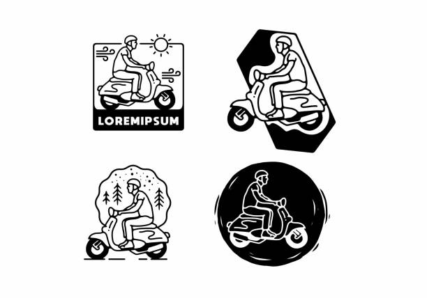 ilustraciones, imágenes clip art, dibujos animados e iconos de stock de color blanco y negro del hombre que monta scooter línea diseño de arte - silhouette bus symbol motor scooter