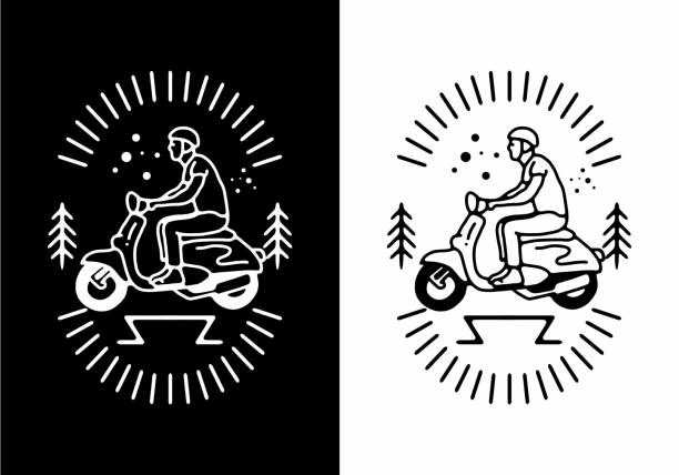 ilustraciones, imágenes clip art, dibujos animados e iconos de stock de color blanco y negro del hombre que monta scooter línea diseño de arte - silhouette bus symbol motor scooter