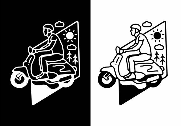 ilustraciones, imágenes clip art, dibujos animados e iconos de stock de color blanco y negro del hombre que monta scooter línea diseño de arte - silhouette bus symbol motor scooter