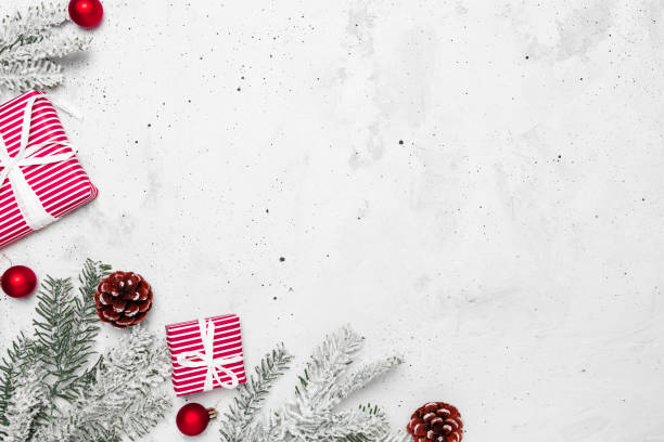 istock Christmas and New Year flat lay with two red white present gift boxes top view 1344892742