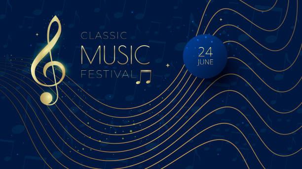 Music festival background with notes, treble clef Music festival background with notes and treble clef. Gold and blue elegant musical poster. musical symbol stock illustrations