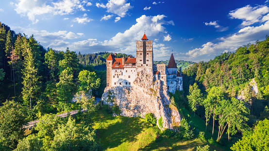 Bran Castle, Romania - August 2021. Place of Dracula in Transylvania, Carpathian Mountains, romanian  famous destination in Eastern Europe